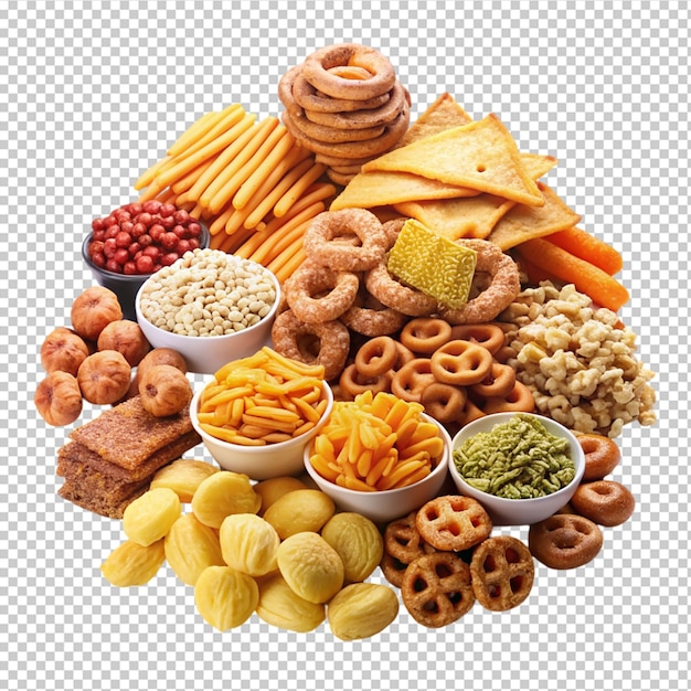 various snacks piled high on transparent background