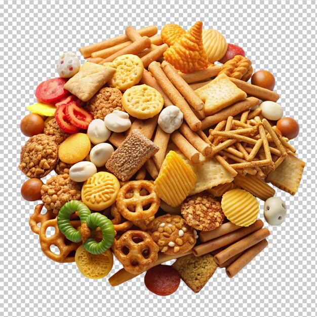 PSD various snacks piled high on transparent background