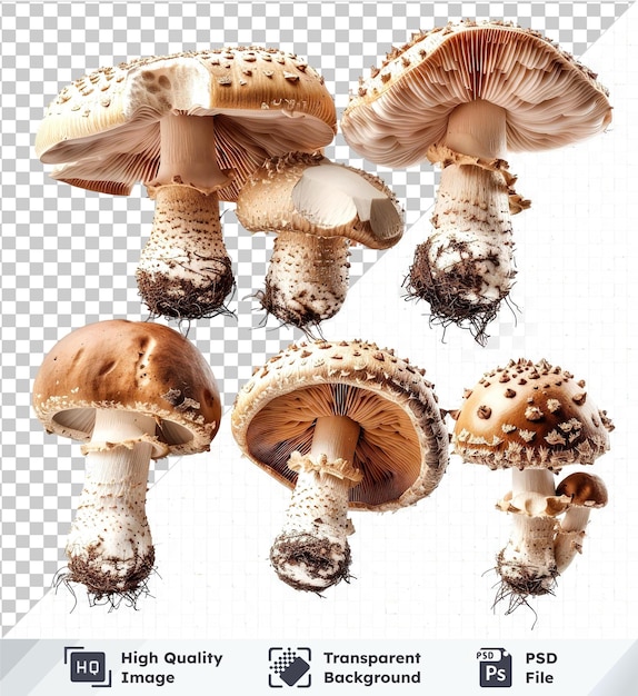 PSD various stages of agaricus bisporus mushroom isolated on transparent background