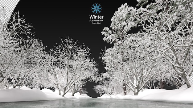 various winter trees surrounded frozen stream clipping path