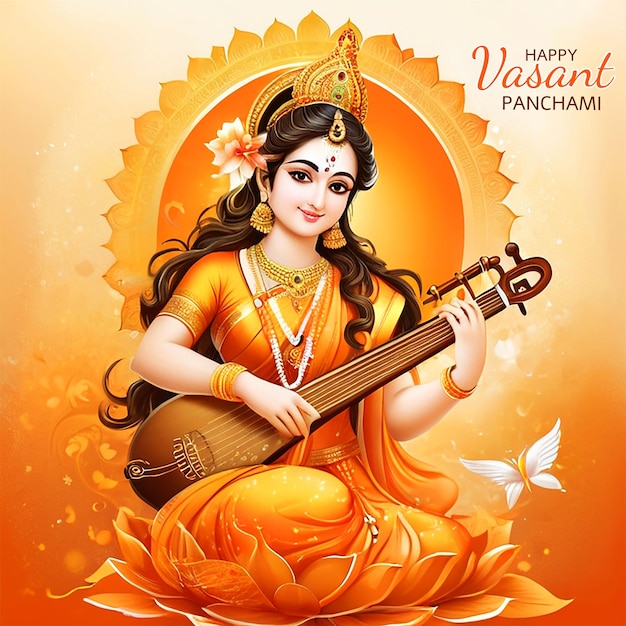 Vasant Panchami banner template with Saraswati maa on orange bokeh background