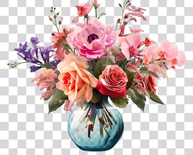 PSD a vase filled with colorful flowers on a clear background