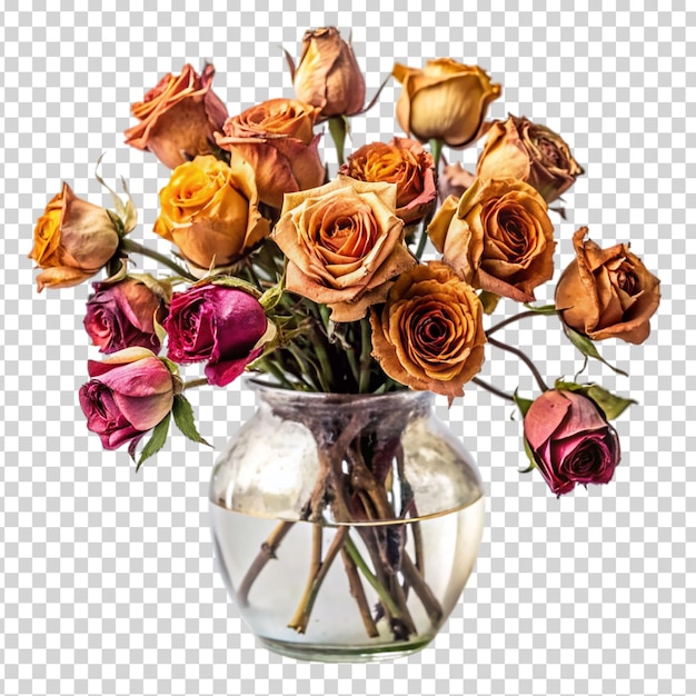 A vase of flowers with petals on transparent background