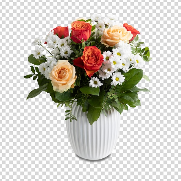 A vase of flowers with a white background