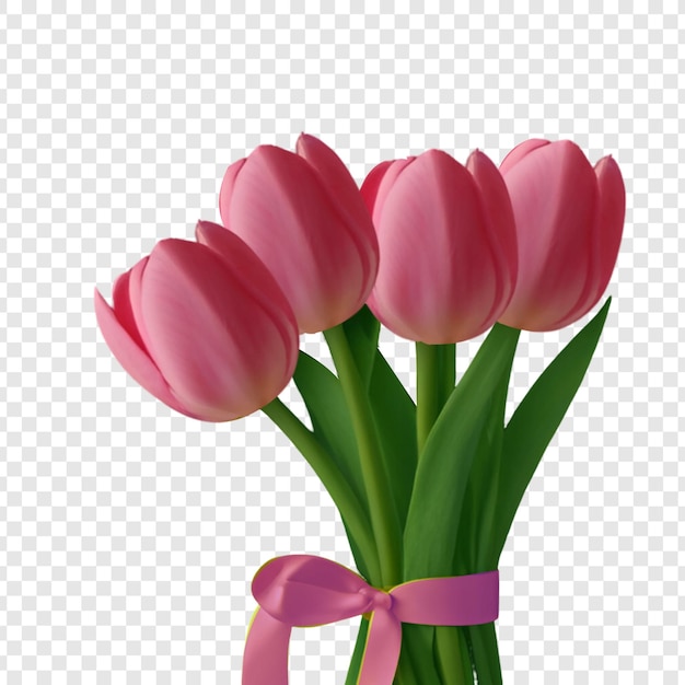 a vase of pink tulips with a ribbon tied around it