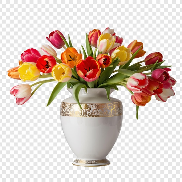 a vase of tulips with a white background with a gold design on the bottom