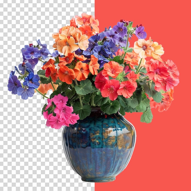 A vase of vibrant geraniums png isolated on transparent background