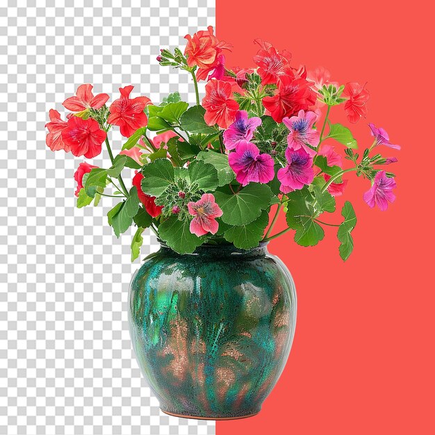 A vase of vibrant geraniums png isolated on transparent background