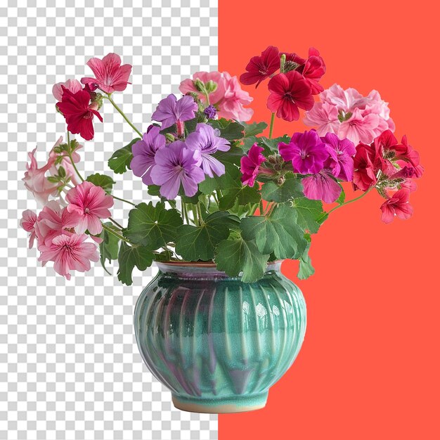 A vase of vibrant geraniums png isolated on transparent background