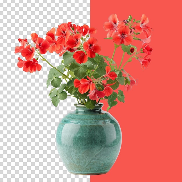 A vase of vibrant geraniums png isolated on transparent background