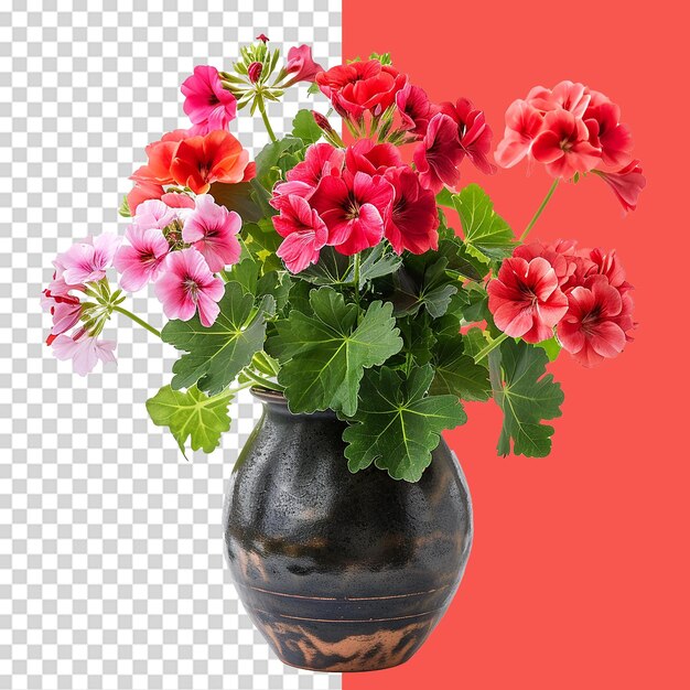 A vase of vibrant geraniums png isolated on transparent background