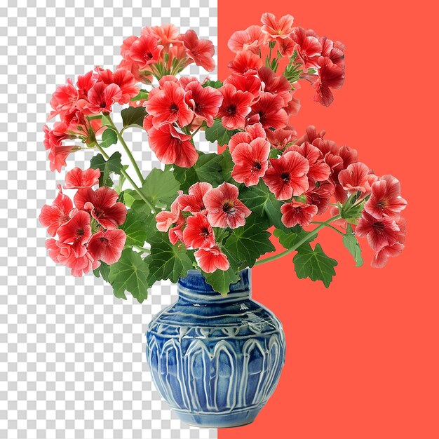 A vase of vibrant geraniums png isolated on transparent background