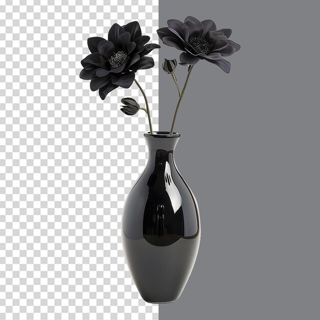 PSD vase with black flower isolated on transparent background