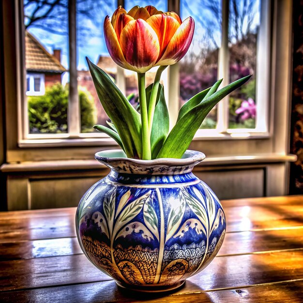 a vase with a flower in it sits on a table