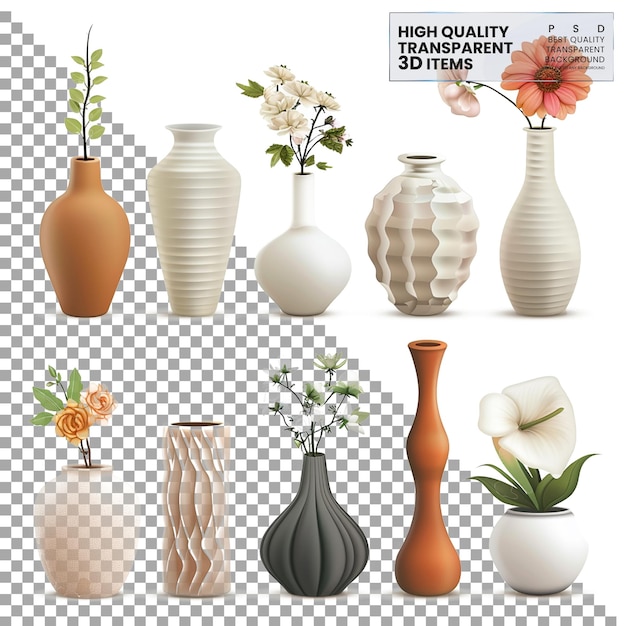 PSD vases a set of ceramic vases with different shapes on transparent background