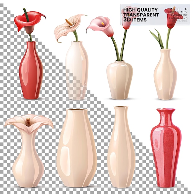 PSD vases a set of ceramic vases with different shapes on transparent background