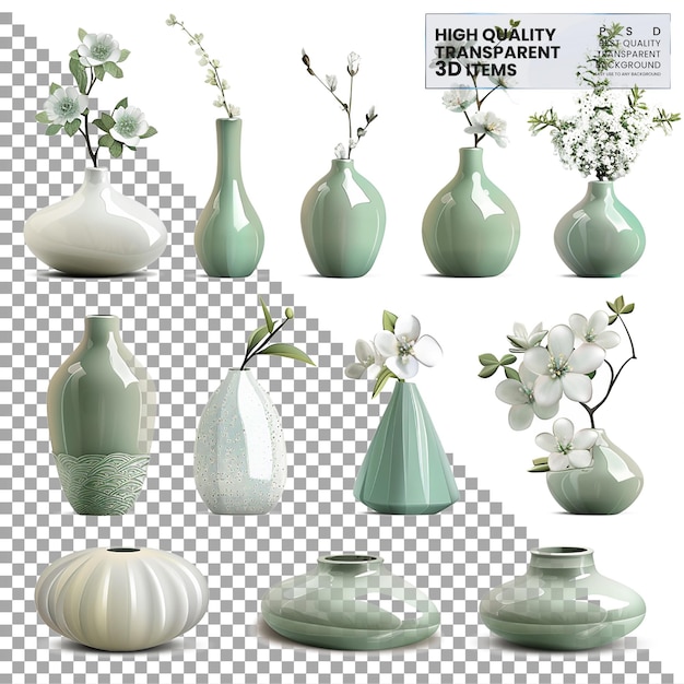 PSD vases a set of ceramic vases with different shapes on transparent background