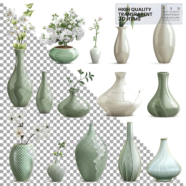 PSD vases a set of ceramic vases with different shapes on transparent background