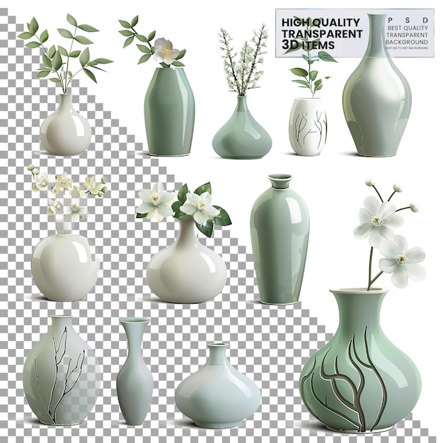 PSD vases a set of ceramic vases with different shapes on transparent background