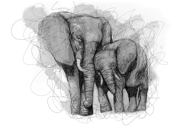 vector baby elephant being spoiled to his mother with scribble art