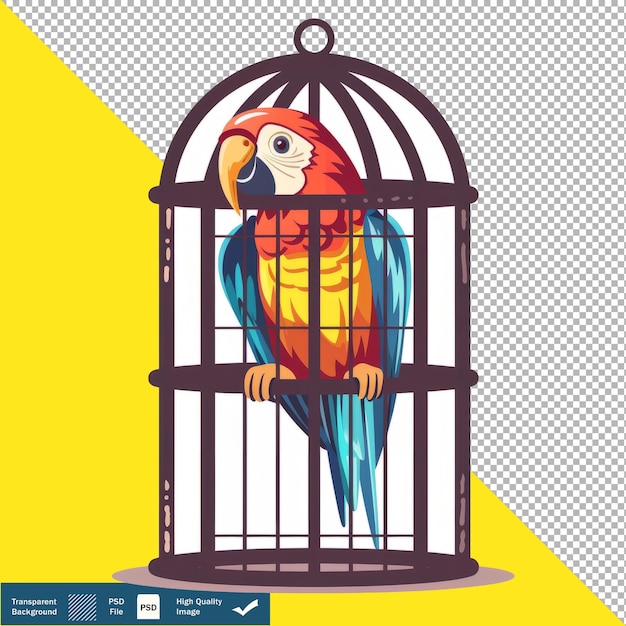 PSD vector cute parrot squawking in cage cartoon transparent background png psd