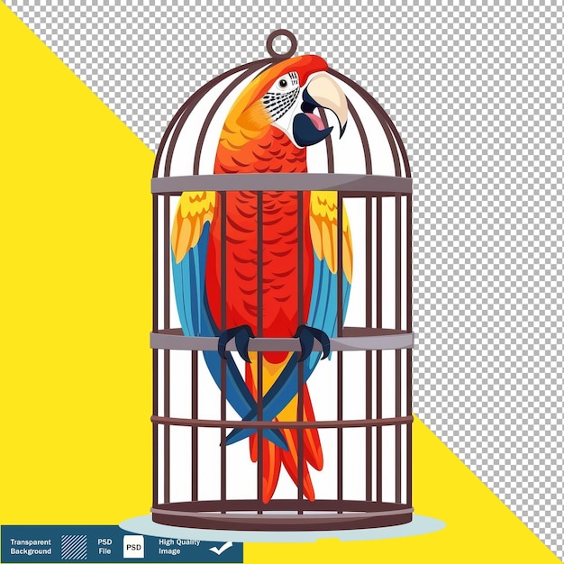 PSD vector cute parrot squawking in cage cartoon transparent background png psd