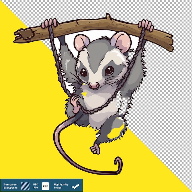 Vector Cute Possum Hanging from Branch Cartoon Transparent Background PNG PSD