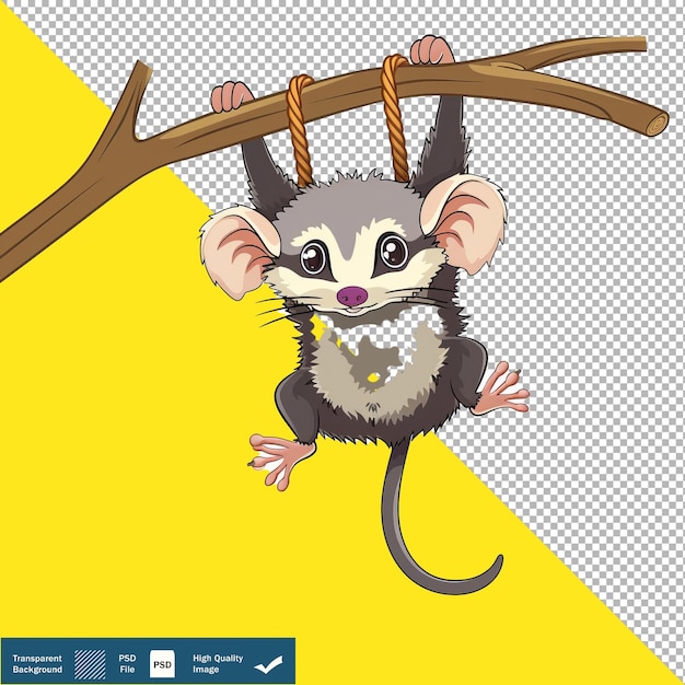 Vector Cute Possum Hanging from Branch Cartoon Transparent Background PNG PSD