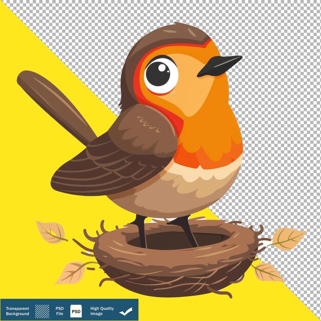 Vector Cute Robin Building Nest Cartoon Transparent Background PNG PSD