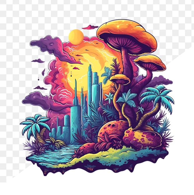 Vector illustration of a fantasy island with mushrooms palm trees and a sun psd for t shirt