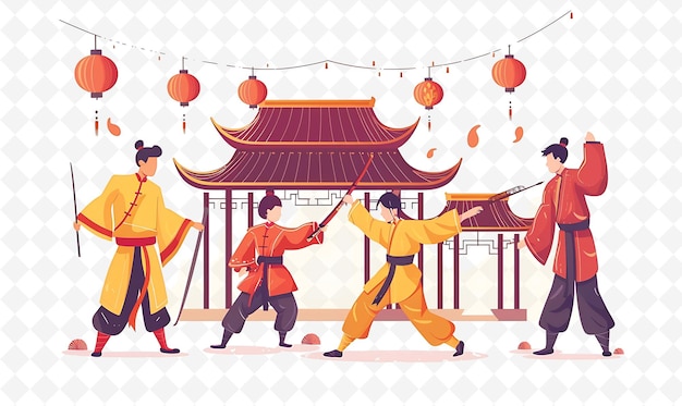 a vector illustration of men in traditional clothes with lanterns and lanterns