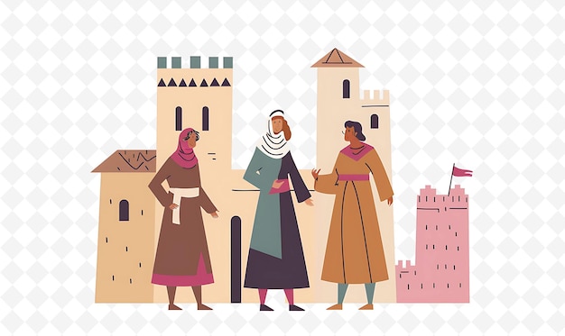 a vector illustration of people in front of a castle