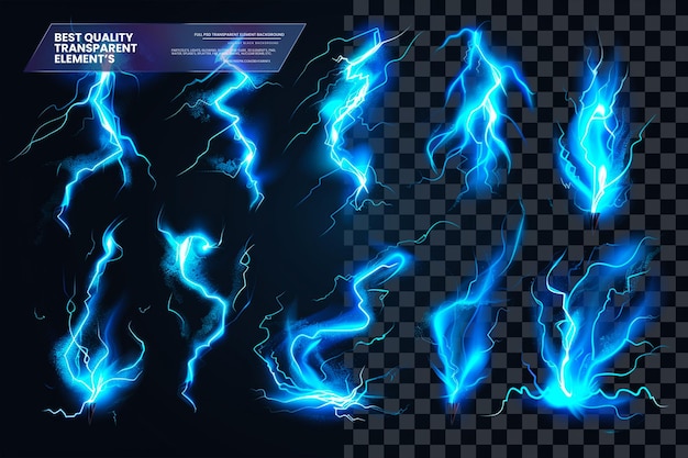 Vector Illustration Set of Blue Glowing Storm Bolts on Transparent Background