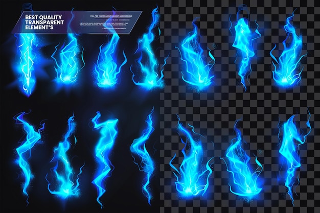 Vector Illustration Set of Blue Glowing Storm Bolts on Transparent Background