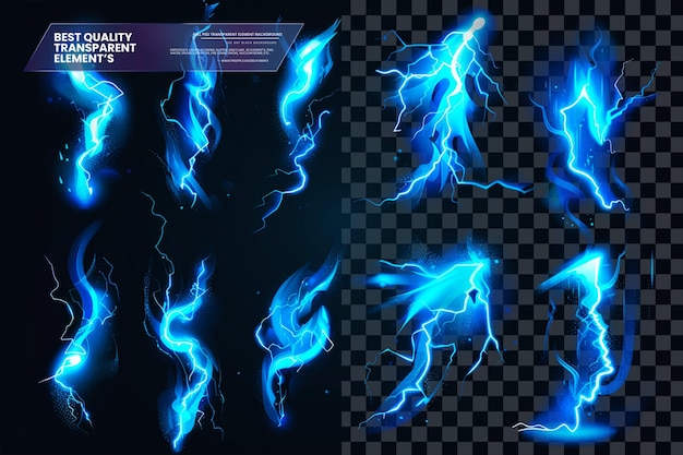 Vector Illustration Set of Blue Glowing Storm Bolts on Transparent Background