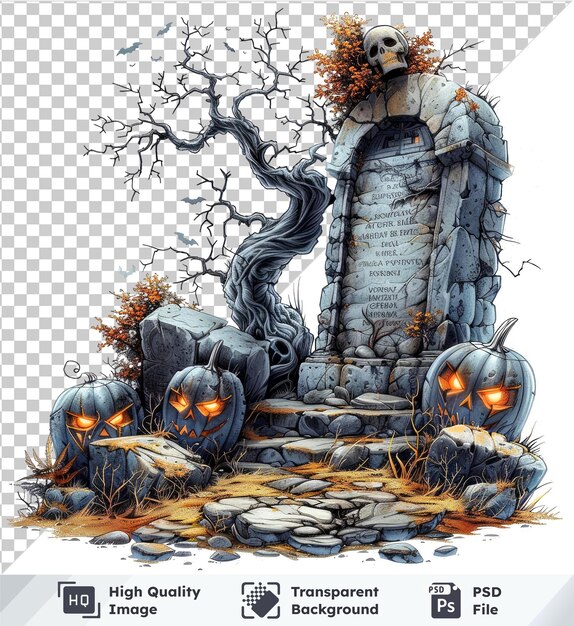 vector illustration tombstone with halloween trees and pumpkins on the ground