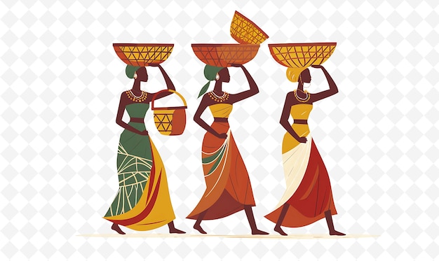 a vector illustration of women carrying baskets with a hat on their head