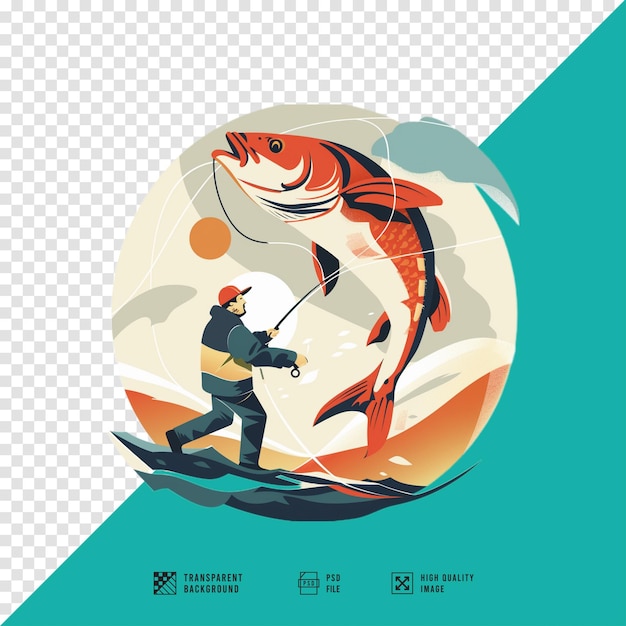 PSD a vector image of an angler bringing in a big fish