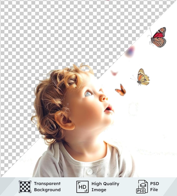 Vector isolated baby with blond hair blue eyes surrounded by colorful butterflies on transparent