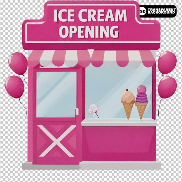 Vector pink ice cream opening shop booth icon with balloons png isolated on transparent background