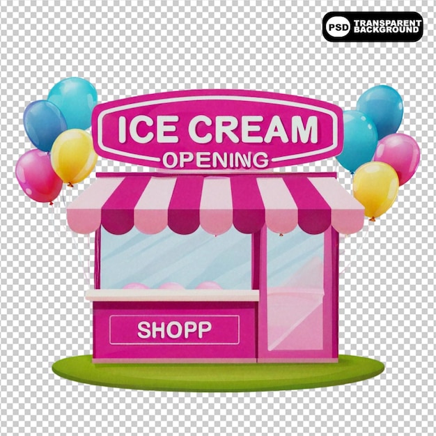 Vector pink ice cream opening shop booth icon with balloons png isolated on transparent background