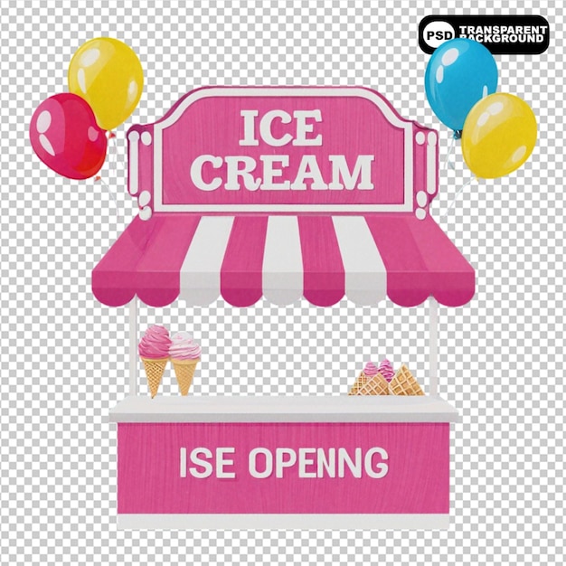 Vector pink ice cream opening shop booth icon with balloons png isolated on transparent background