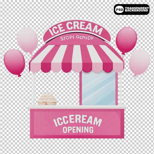 Vector pink ice cream opening shop booth icon with balloons png isolated on transparent background