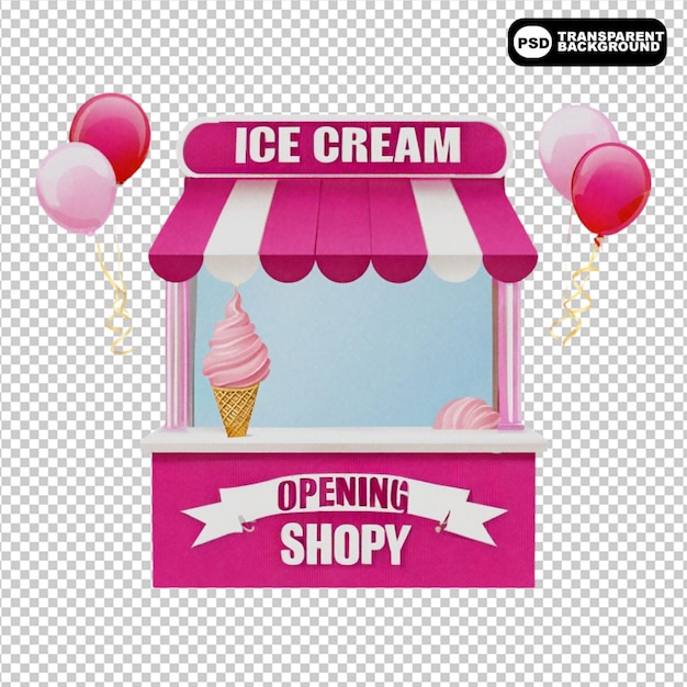 Vector pink ice cream opening shop booth icon with balloons png isolated on transparent background