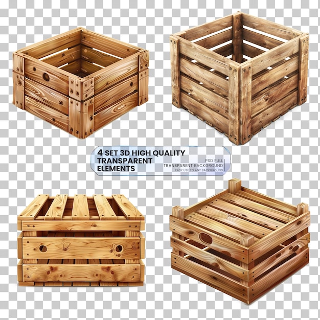 PSD vector realistic cargo storage wooden box isolated on transparent background