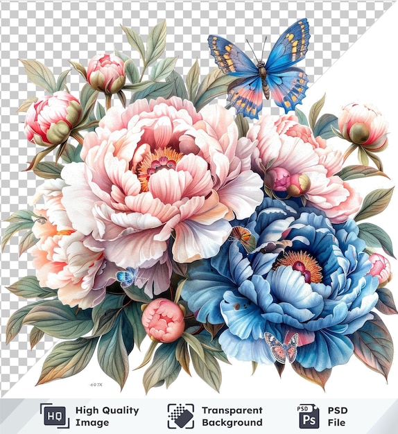 Vector watercolor peony bouquet with butterfly illustration under 100 characters