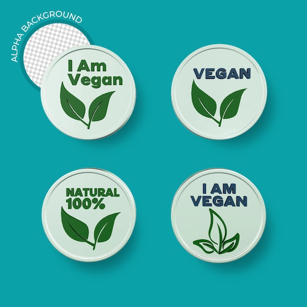 Vegan round icons set 3d render which Vegan food sign with leaves 3d render