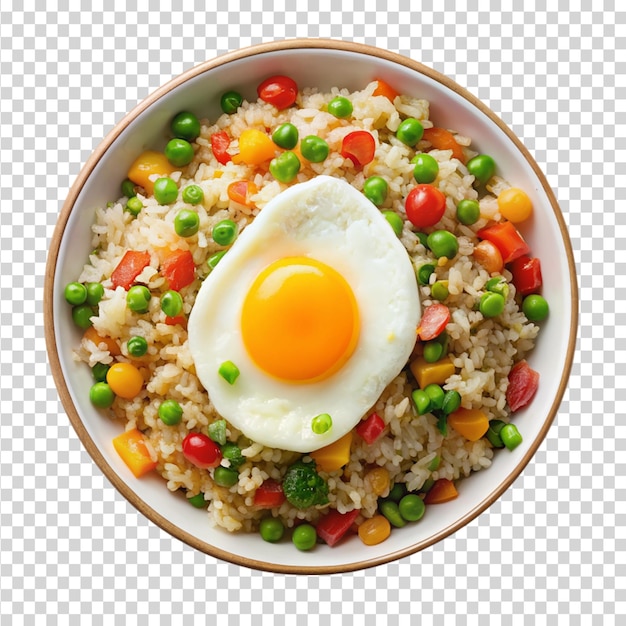 Vegetable fried rice with egg top view isolated on transparent background