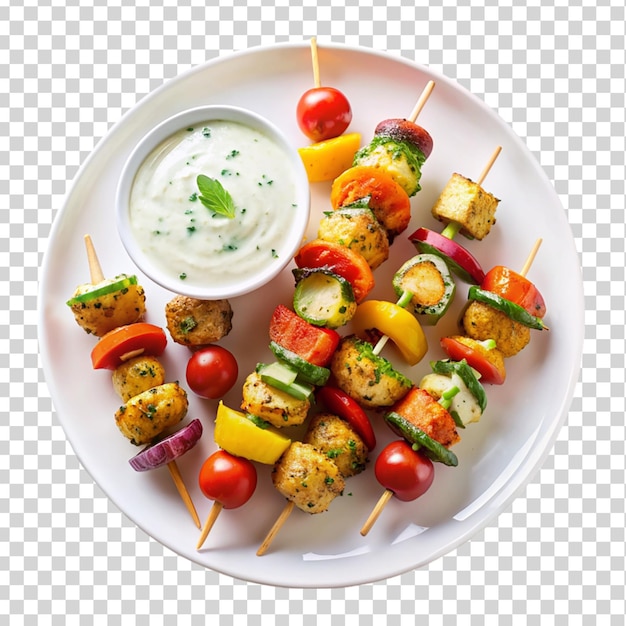 Vegetable kebabs with a yogurt dipping sauce Isolated on transparent background