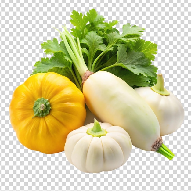 Vegetables including a squash a pumpkin and a white gourd on transparent background